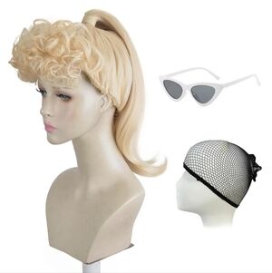 Aeilene Blonde Curly Ponytail Wig with White Cat Eye Sunglasses NWT